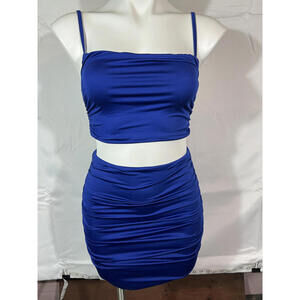 Royal Blue Two-Piece Ruched Crop Top and Skirt Set